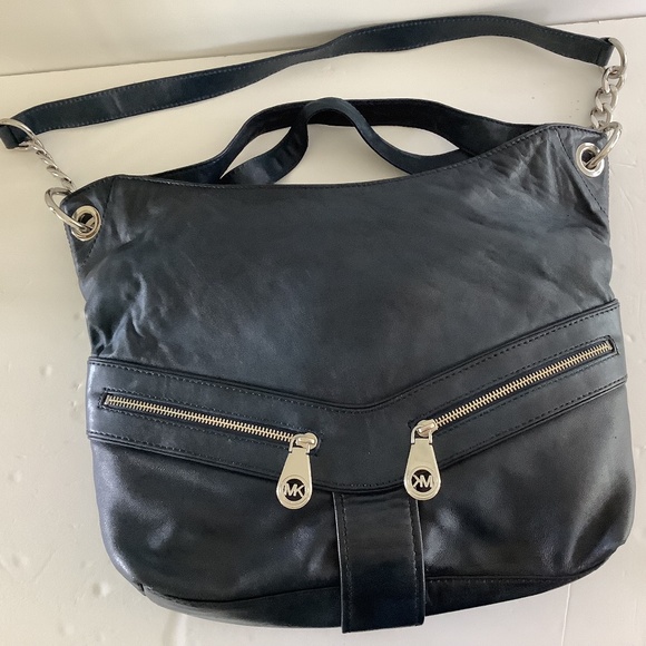 Michael Kors Genuine Leather Navy Blue Handbag Zippers Silver Hardware - Picture 1 of 7